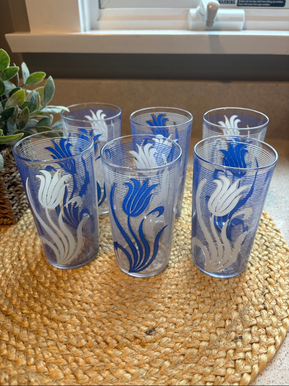 (6) Vintage MCM Blue and White Tulip Glasses - 8 oz.
